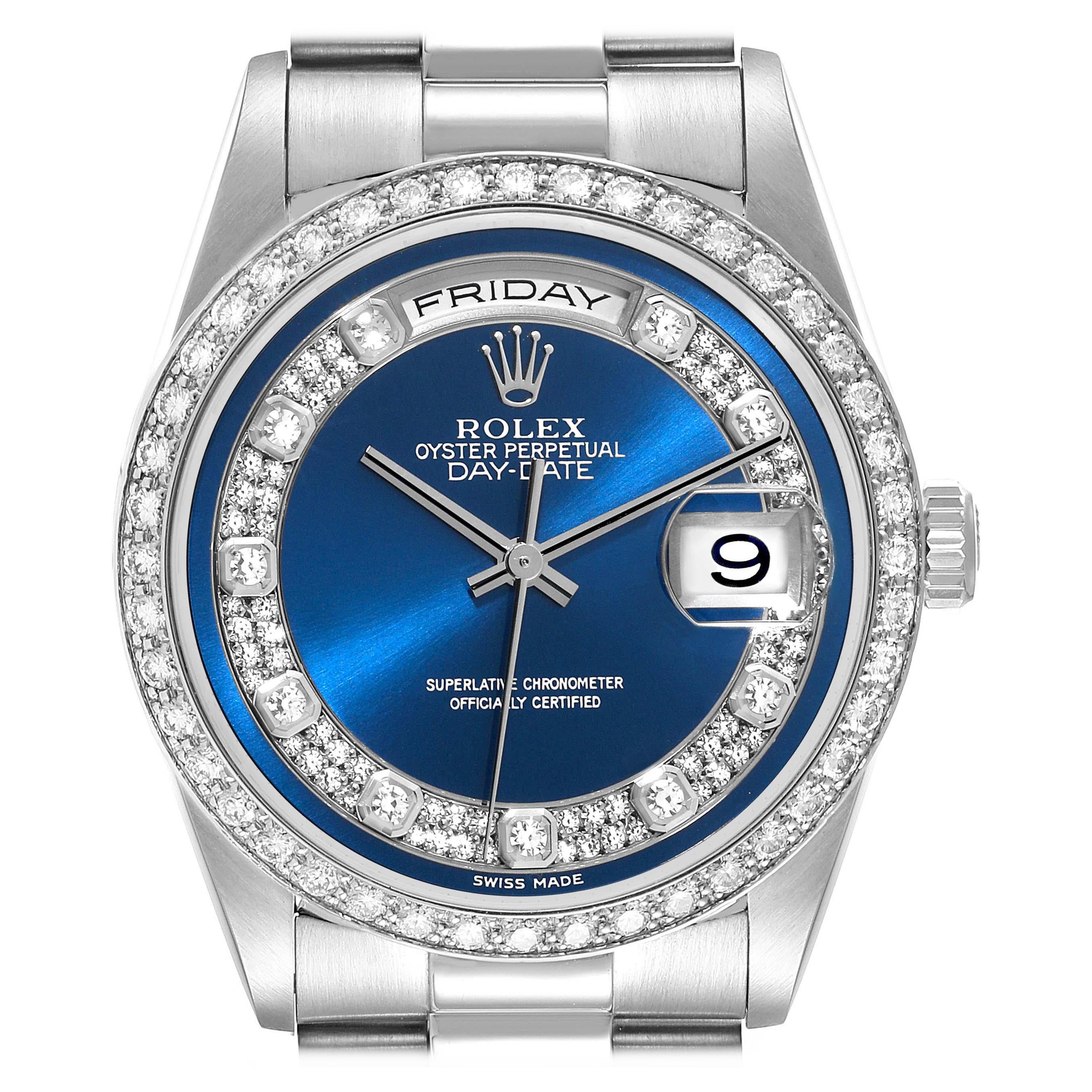 Rolex President Day-Date Platinum Blue Myriad Diamond Dial Mens Watch 18346 For Sale