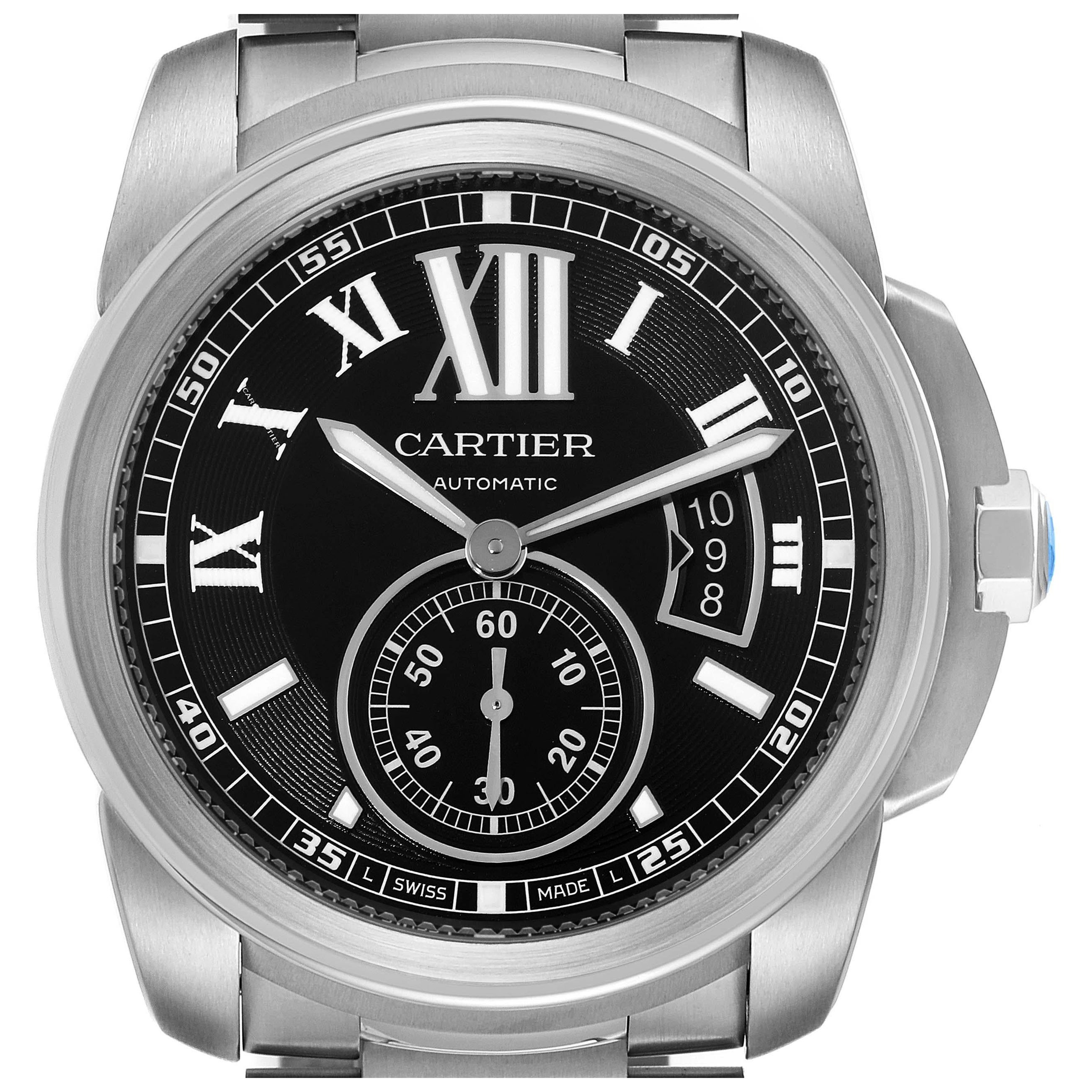 Cartier Calibre Steel Black Dial Mens Watch W7100016 For Sale