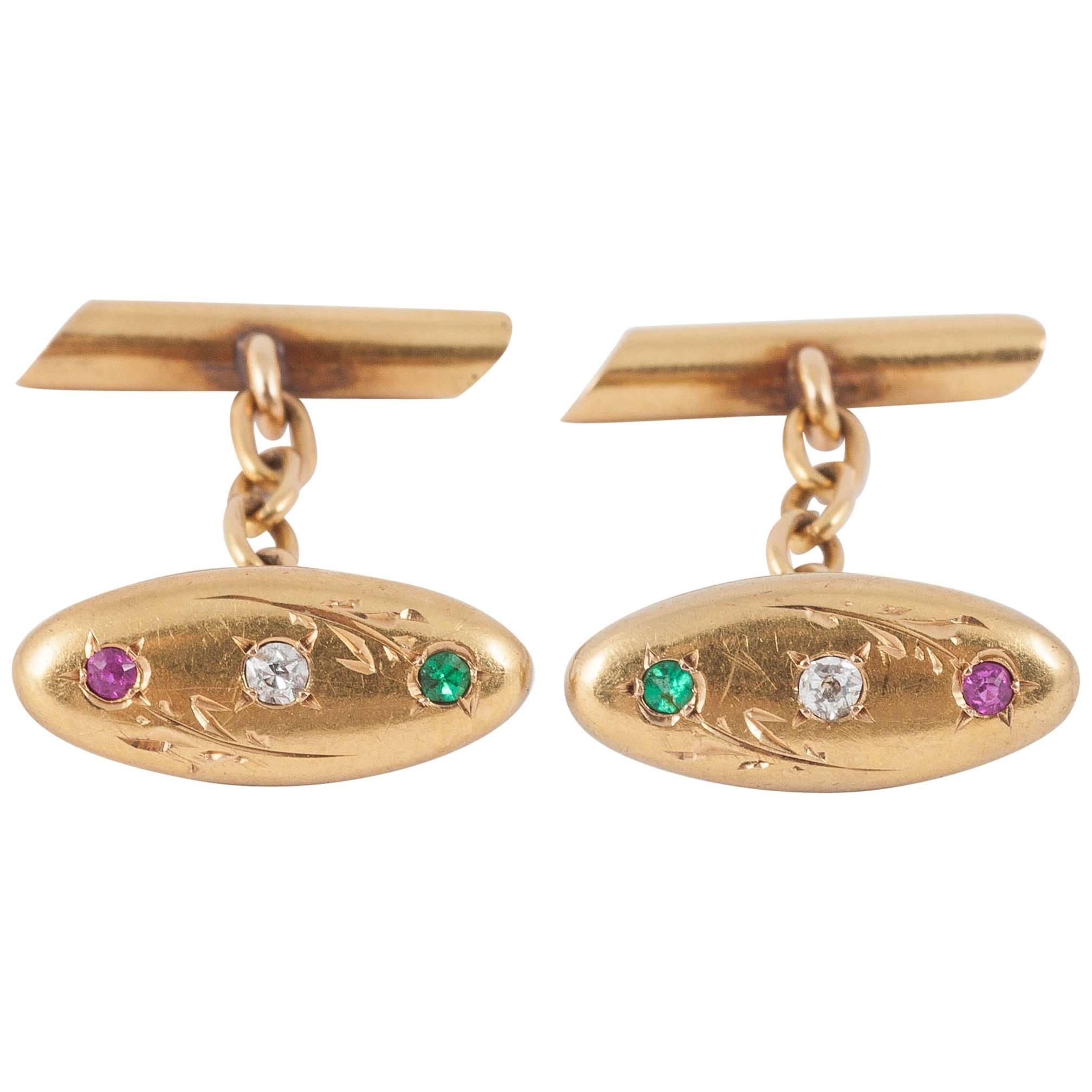 1910s French Ruby Emerald Diamond Gold Floral Design Cufflinks 