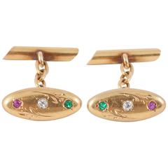 Antique 1910s French Ruby Emerald Diamond Gold Floral Design Cufflinks 