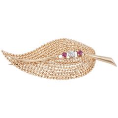 1960s Tiffany 
Co. Ruby Sapphire Gold Leaf Brooch
