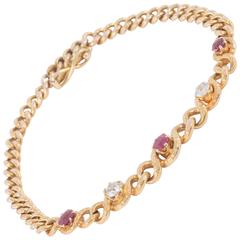 Antique 1900s Austrian Ruby Diamond Gold Curb Link Bracelet 