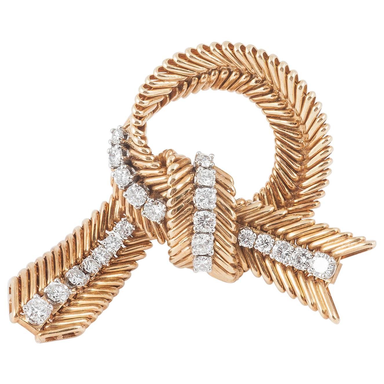 1950s Van Cleef 
Arpels Diamond Gold Tied Ribbon Brooch