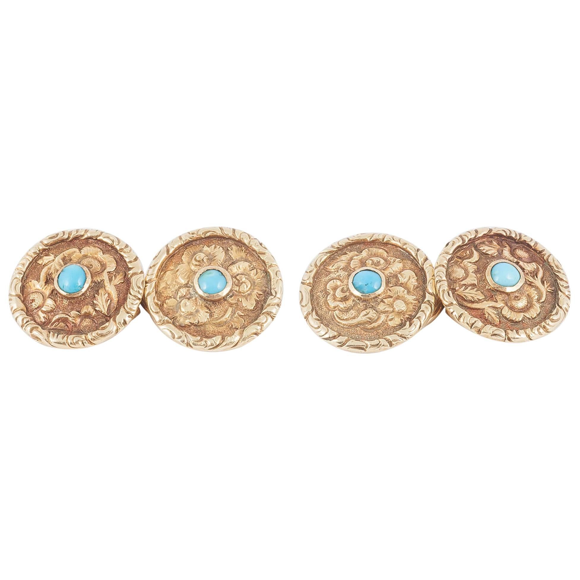Carved Gold Floral Design Cufflinks with Turquoise Centre, English circa 1840 For Sale