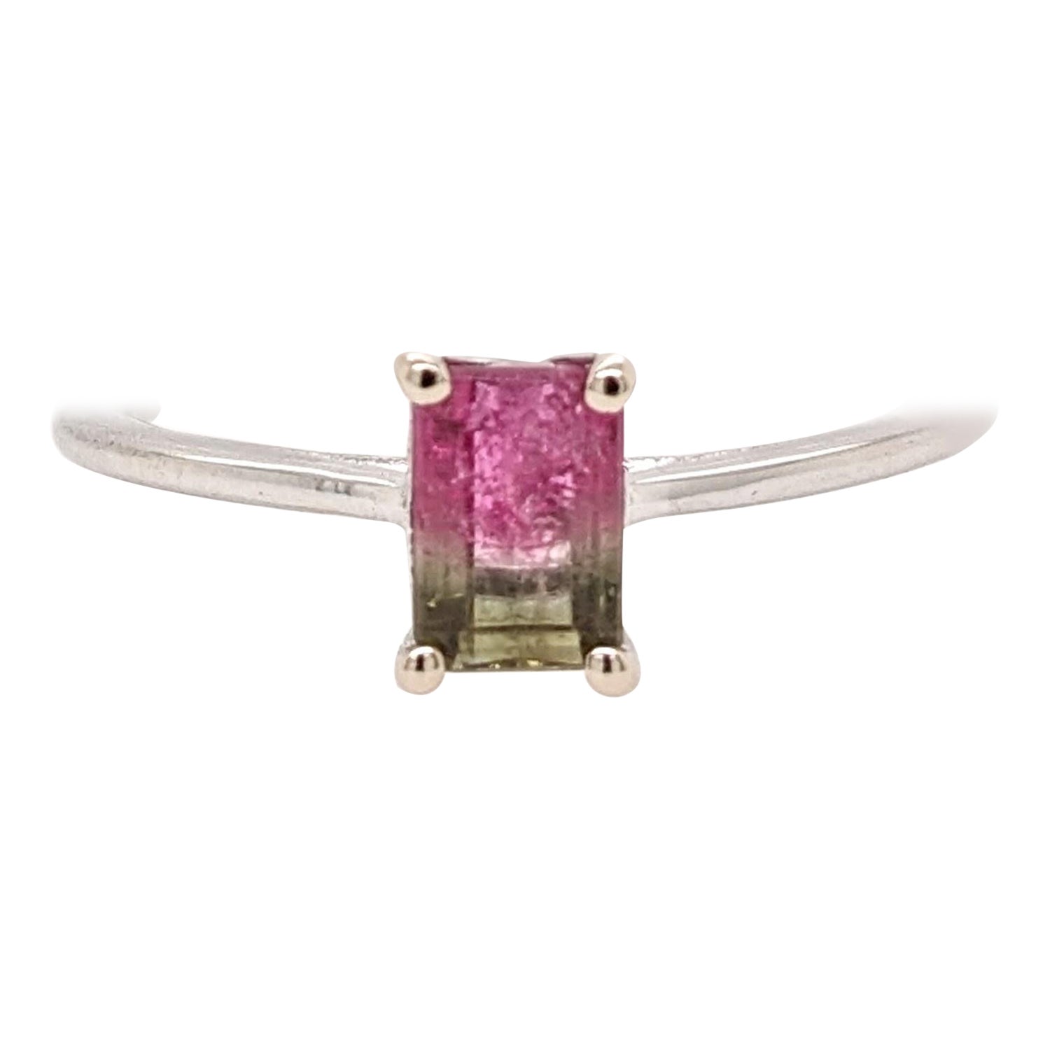 Watermelon Tourmaline Solitaire Ring in Solid 14K White Gold Emerald Cut 6x4mm