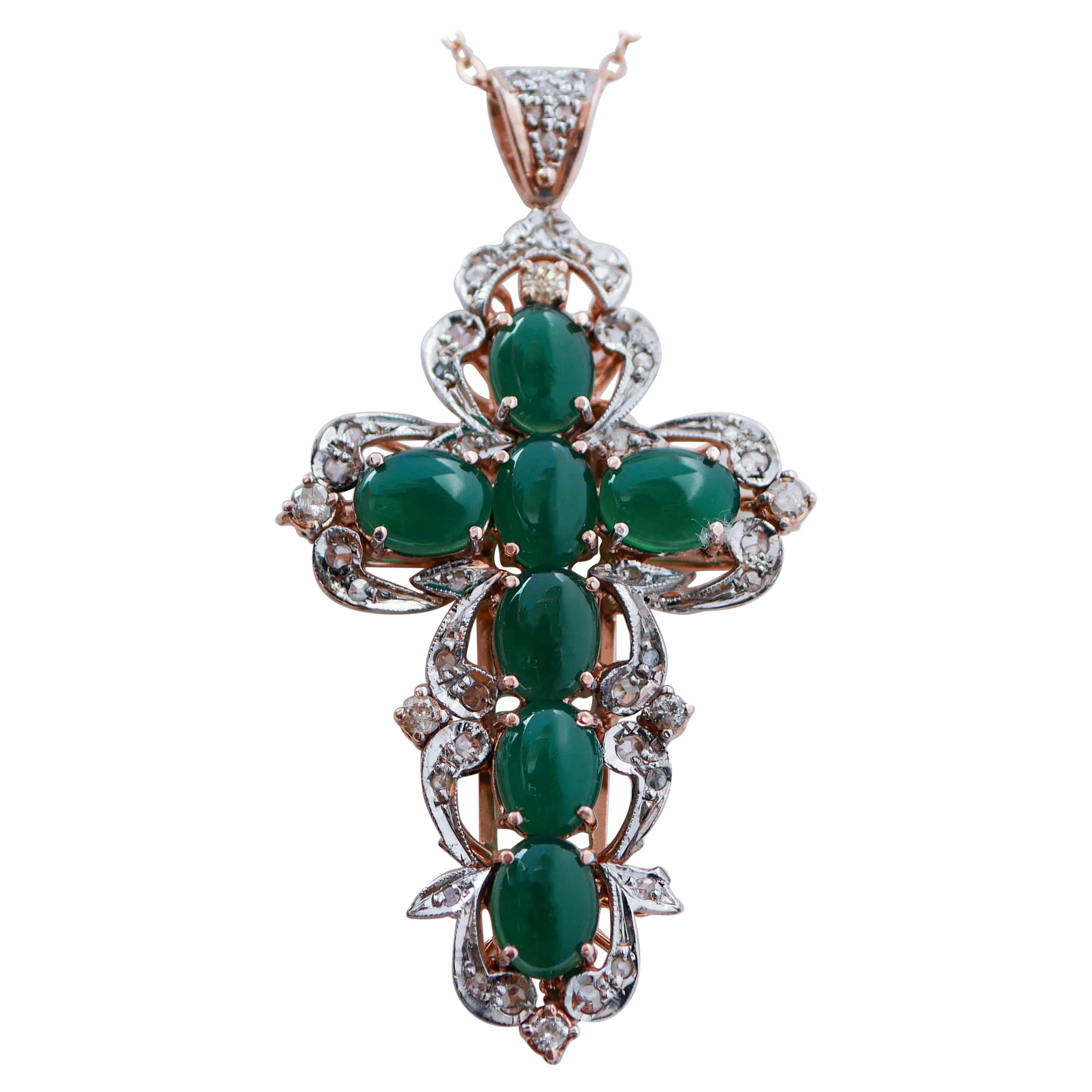 Collier pendentif croix en agate verte, diamants, or rose et argent en vente