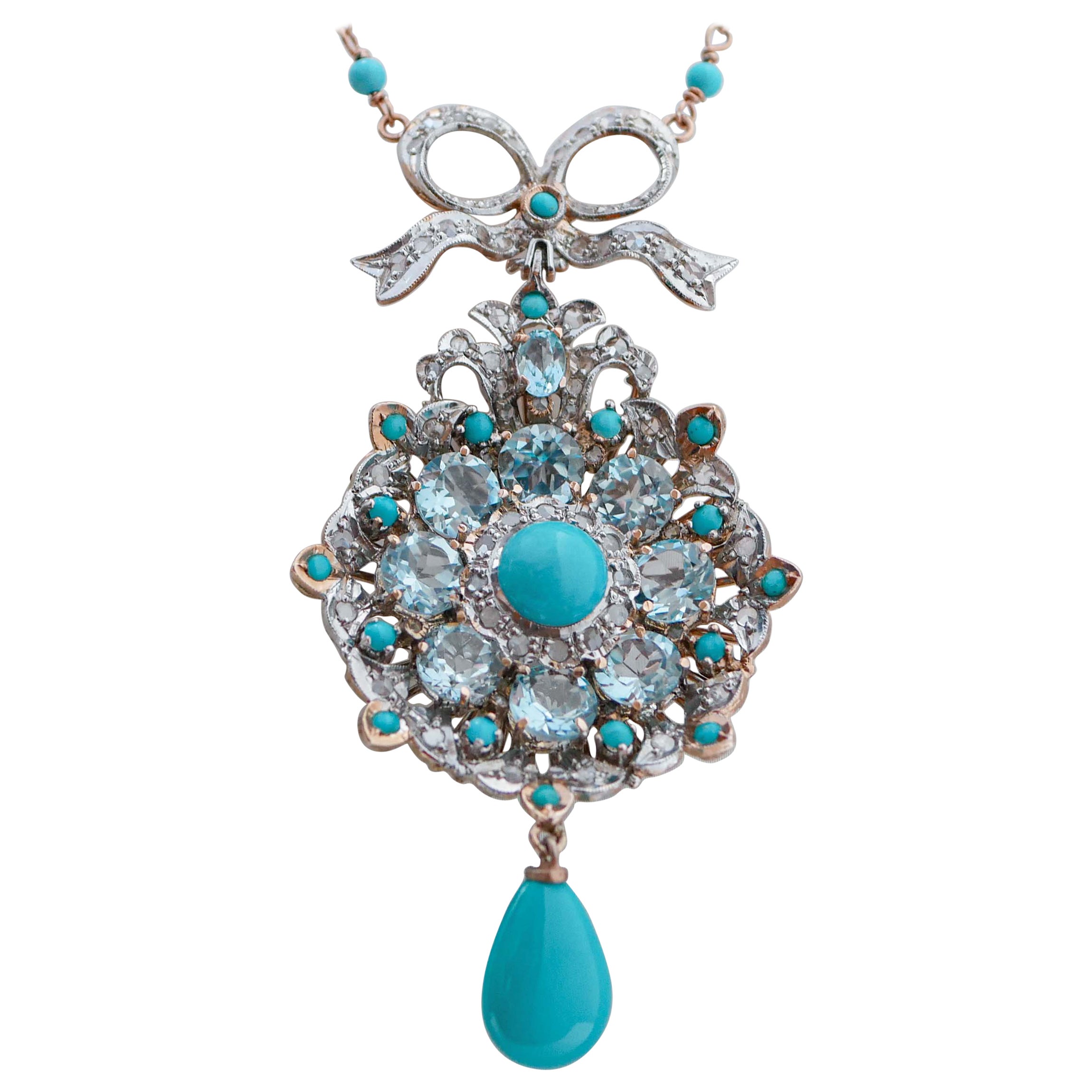 Aquamarine Colour Topazs, Turquoise, Diamonds, Gold and Silver Pendant Necklace. For Sale