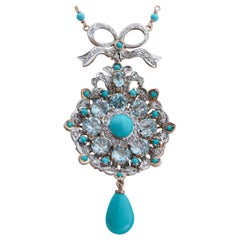 Retro Aquamarine Colour Topazs, Turquoise, Diamonds, Gold and Silver Pendant Necklace.