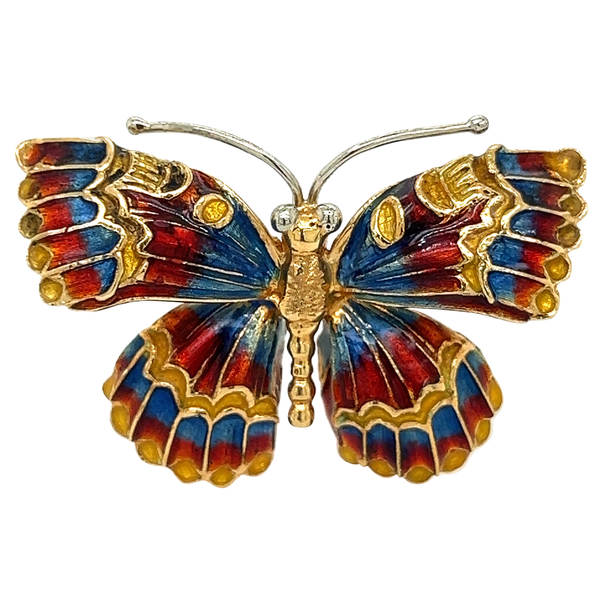 Vintage Enamel Butterfly Brooch 18k Yellow Gold Italian Made For Sale