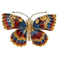 Vintage Enamel Butterfly Brooch 18k Yellow Gold Italian Made