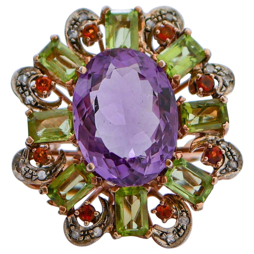 Amethyst, Peridots, Garnets, Diamonds, Rose Gold and Silver Ring. For Sale