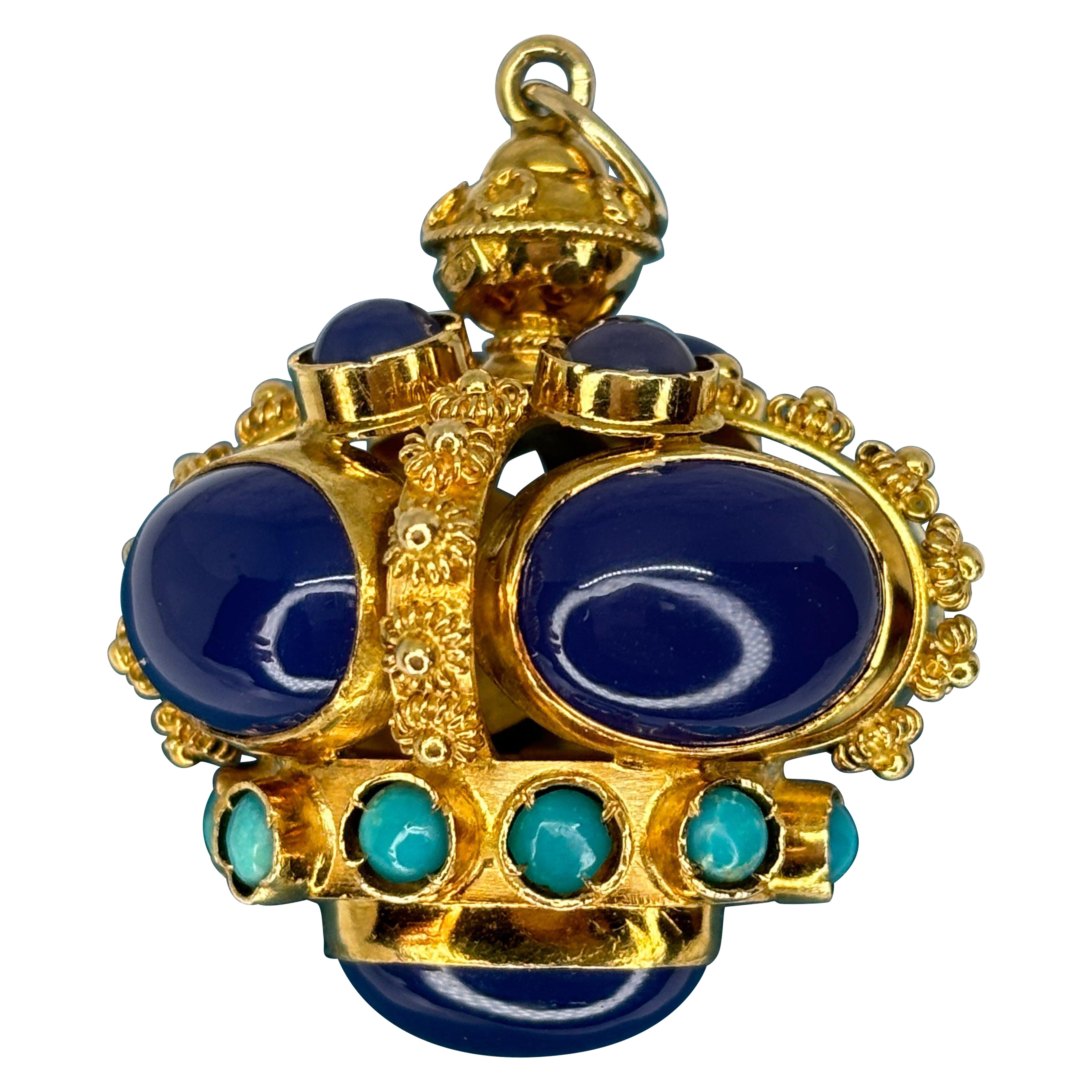 Etruscan Revival Styled 18k Blue Chalcedony Turquoise Watch Fob/Pendant