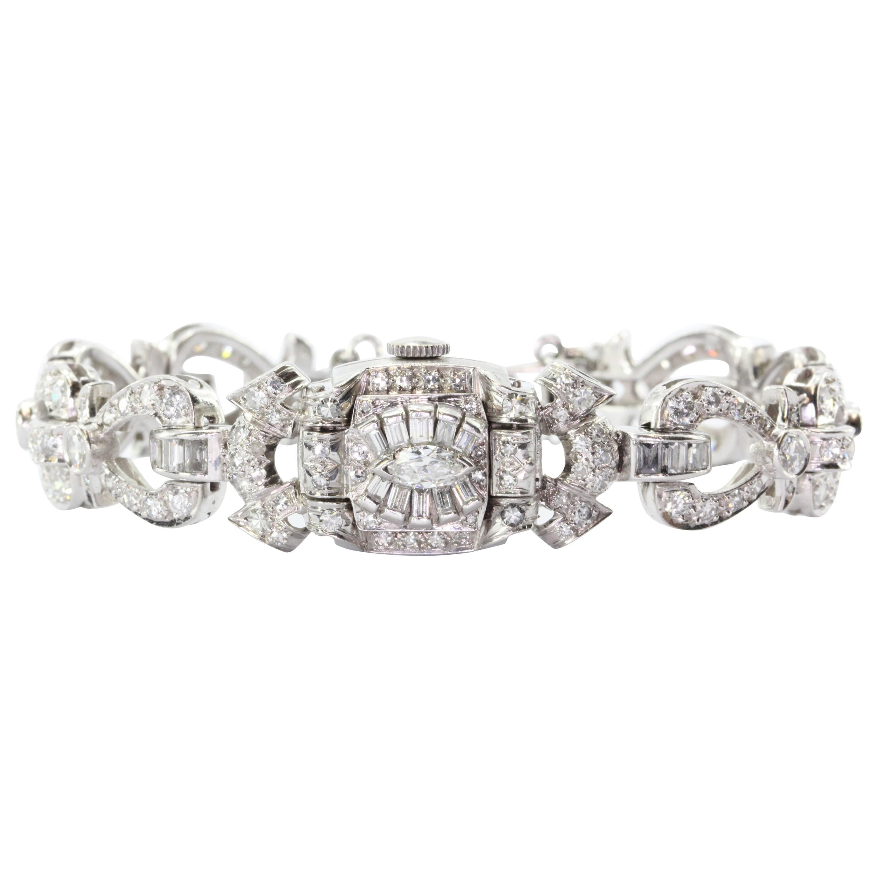 Hamilton Ladies Art Deco Platinum Diamond Bracelet Wristwatch