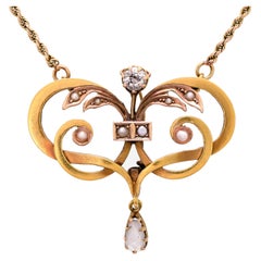 Charming  Circa 1900 Art Nouveau Diamond Pearl and Yellow Gold Pendant Necklace