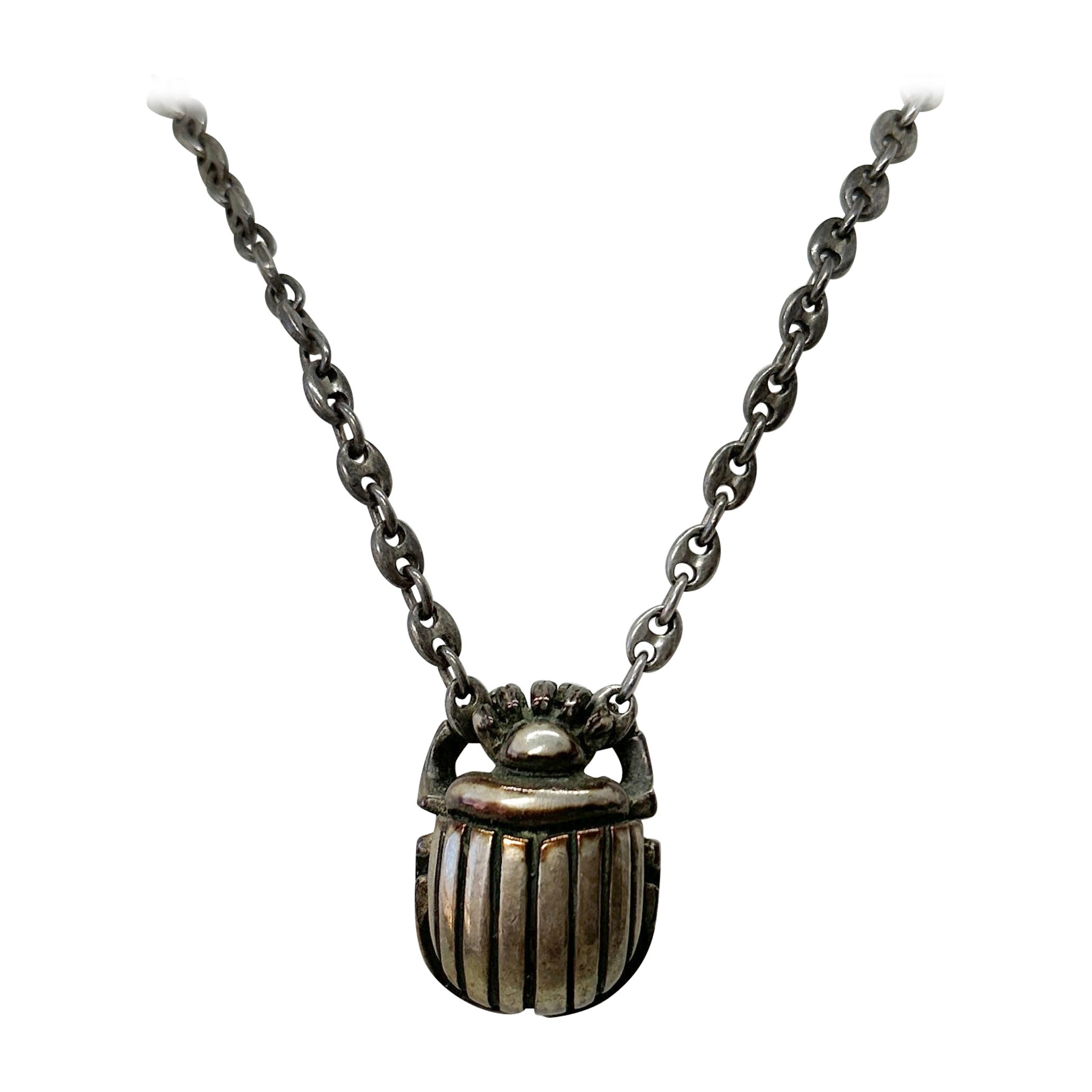 Art Deco Egyptian Revival Scarab Pendant Necklace Sterling Silver  For Sale