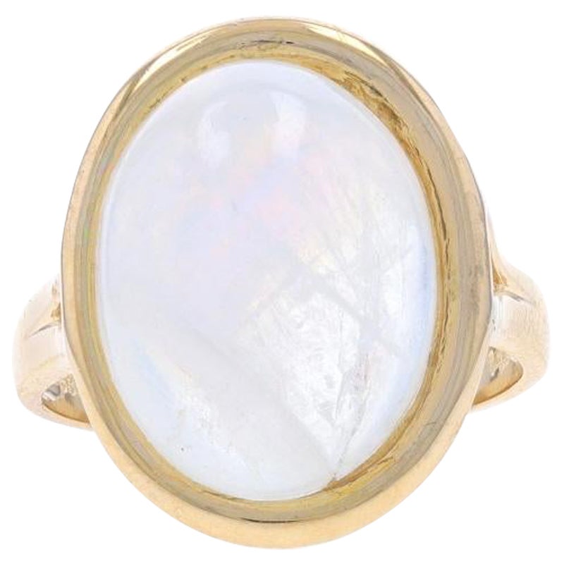 Yellow Gold Rainbow Moonstone Cocktail Solitaire Ring - 14k Oval Cabochon 9.55ct