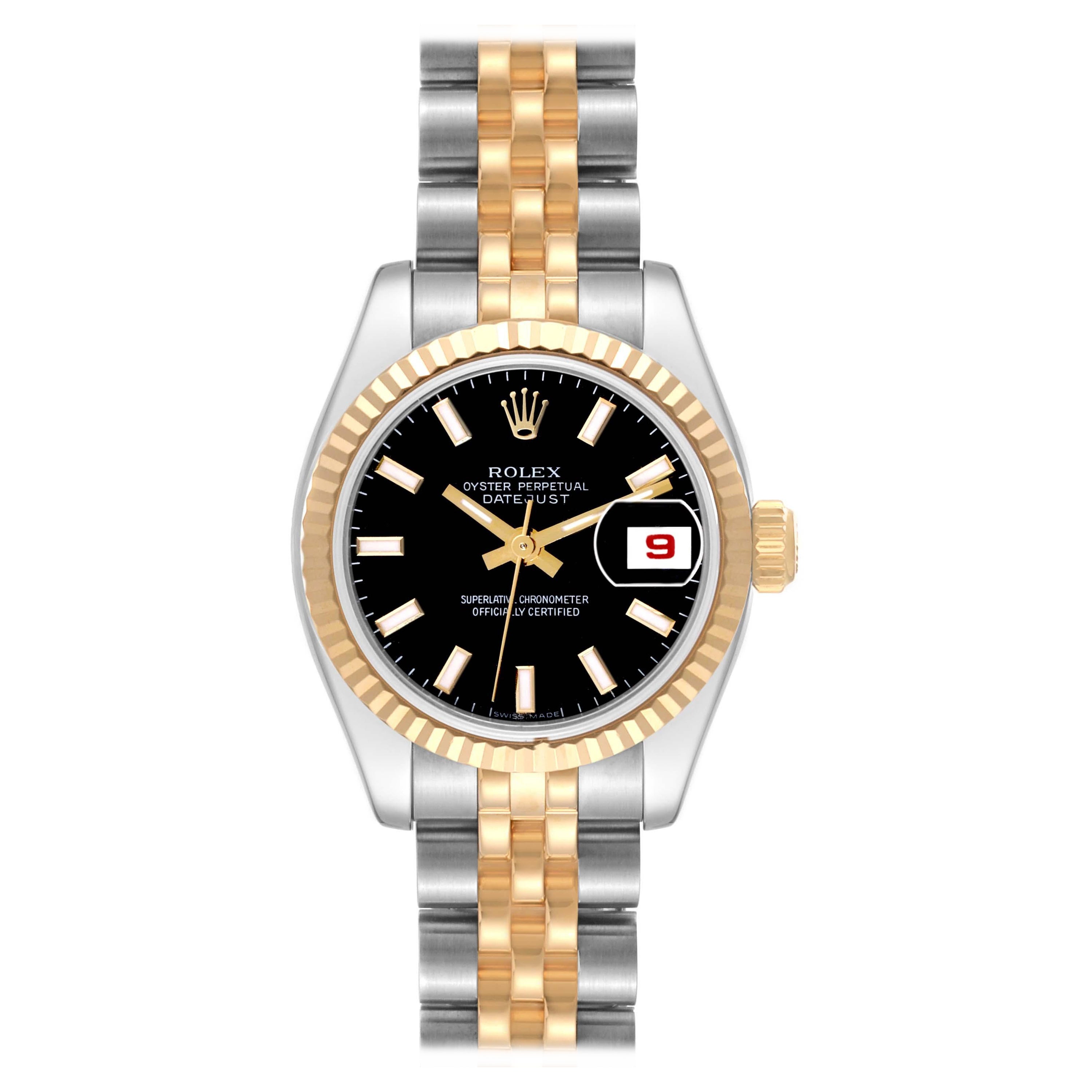 Rolex Datejust Steel Yellow Gold Black Dial Ladies Watch 179173 Box Card
