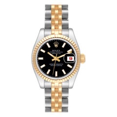 Rolex Datejust Steel Yellow Gold Black Dial Ladies Watch 179173 Box Card