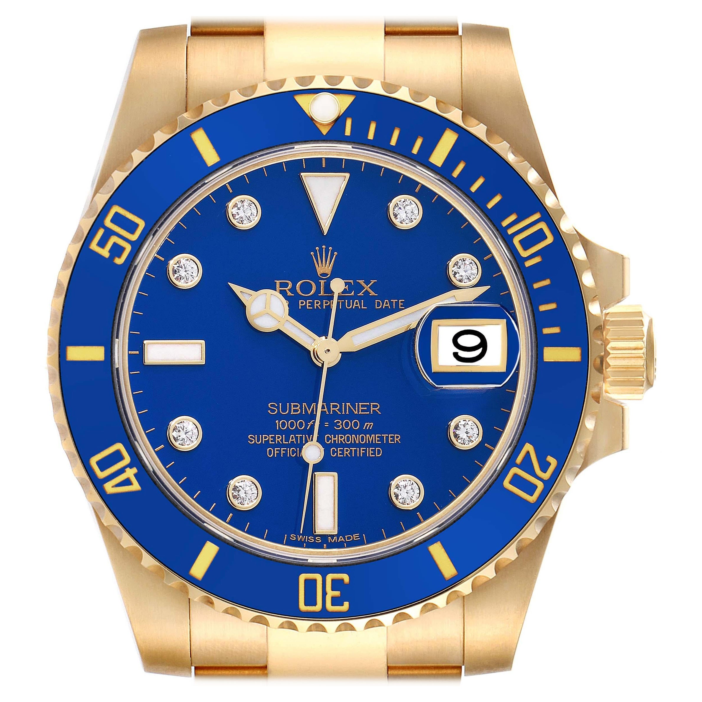 Rolex Submariner Yellow Gold Blue Diamond Dial Mens Watch 116618 Box Card