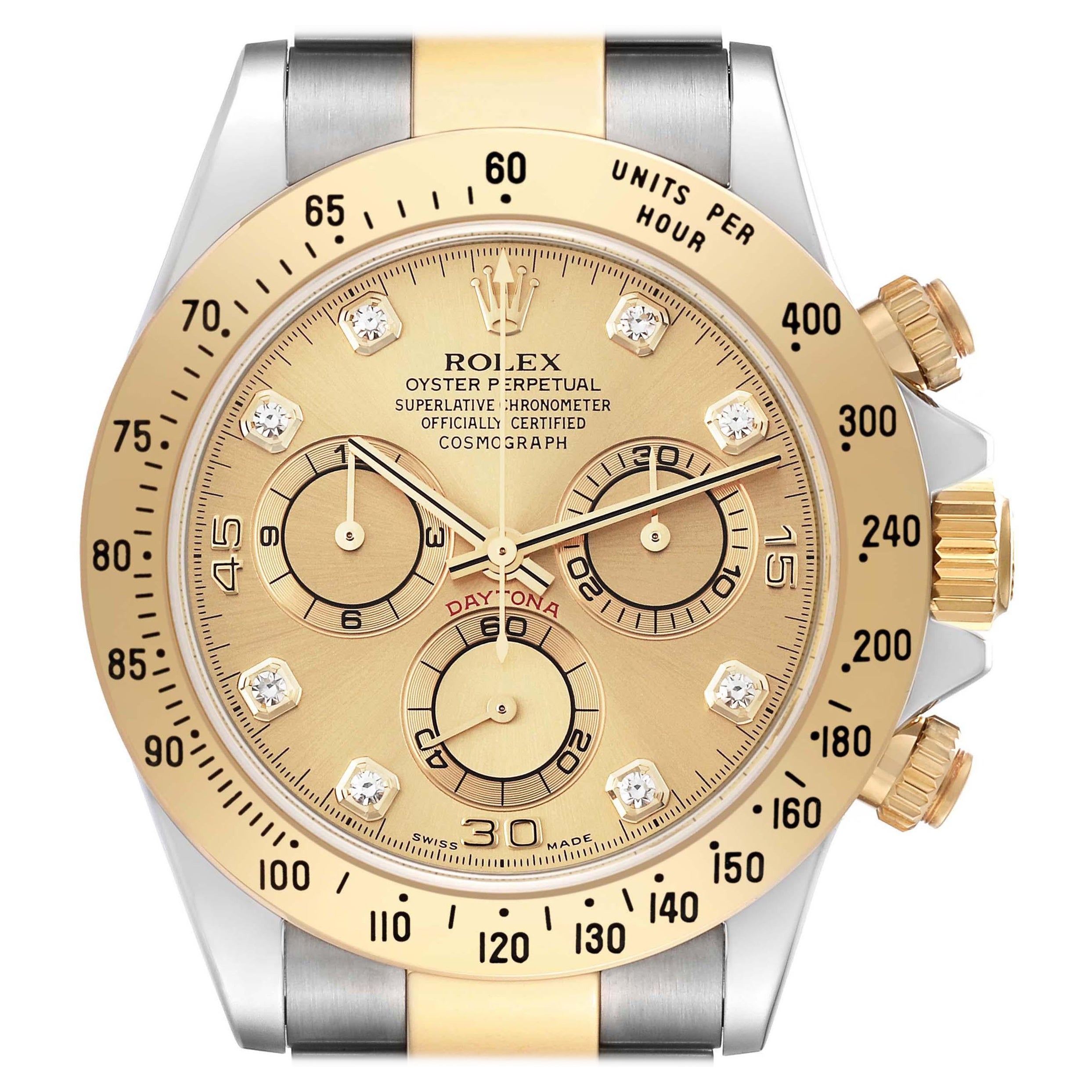 Rolex Daytona Yellow Gold Steel Diamond Dial  Mens Watch 116523 Box Papers