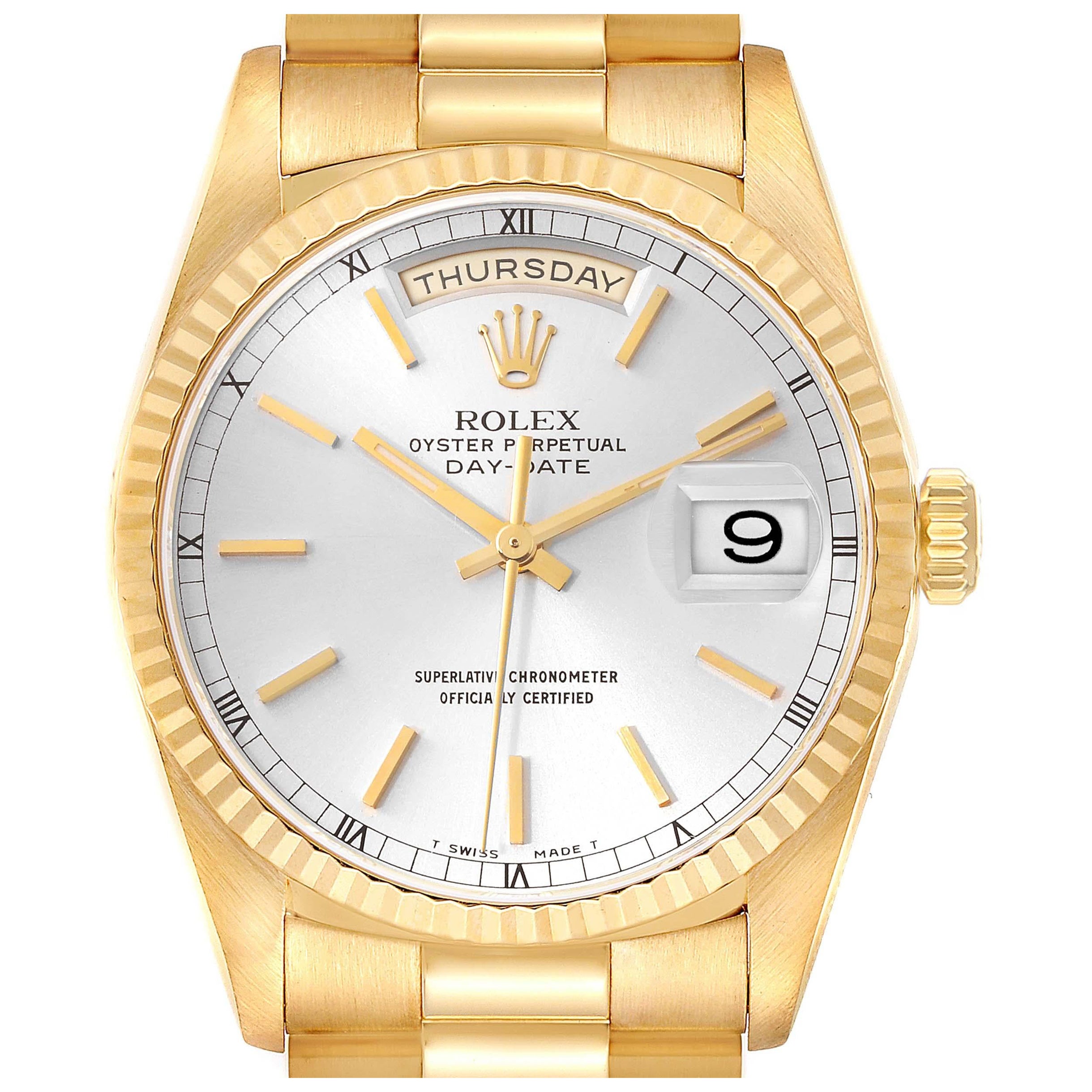 Rolex President Day-Date Yellow Gold Silver Dial Mens Watch 18238
