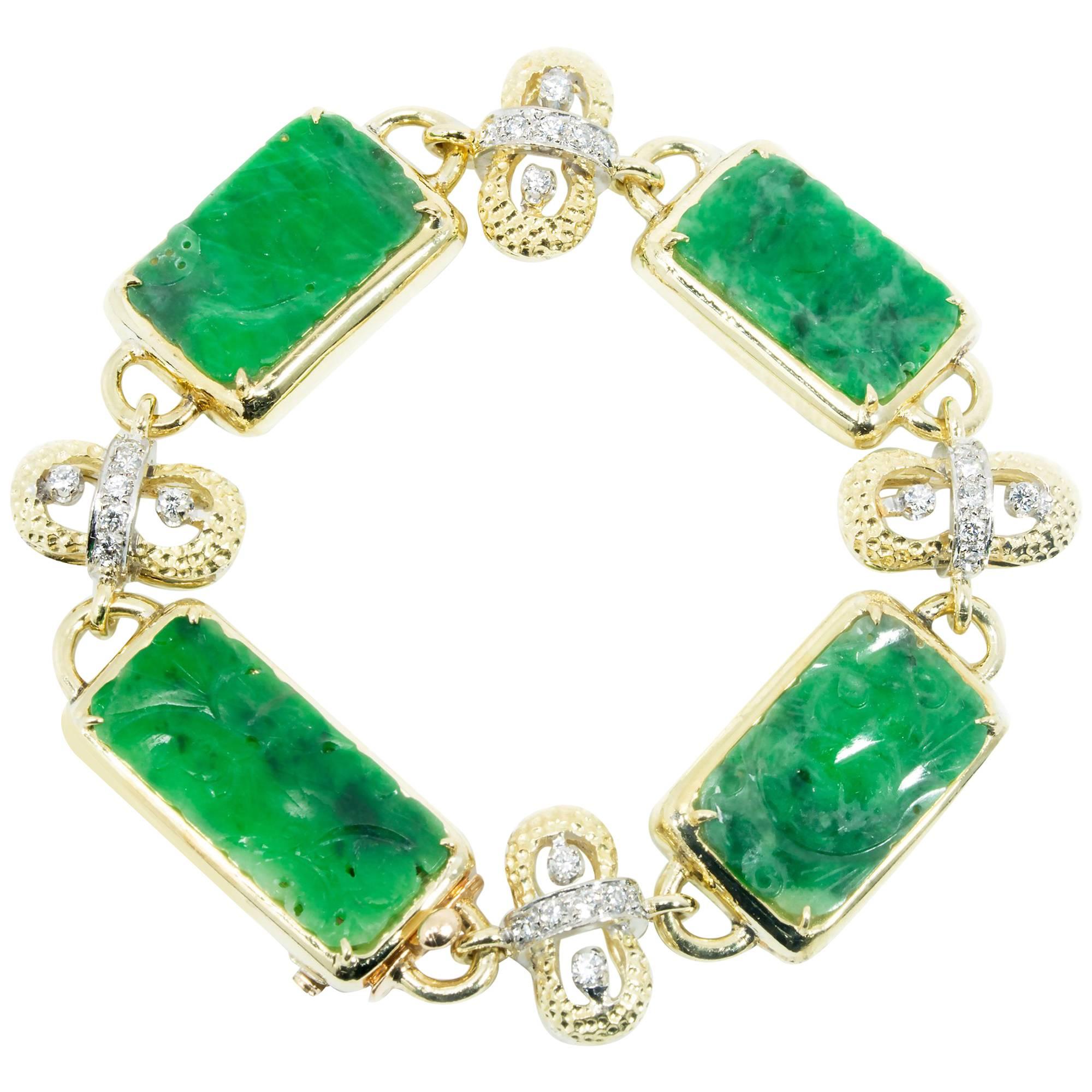 1950s Natural GIA Certified Carved Jadeite Jade Diamond Two Color Gold Bracelet