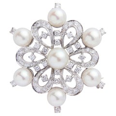 14 Karat Gold Diamond & Akoya Pearl Floral Brooch