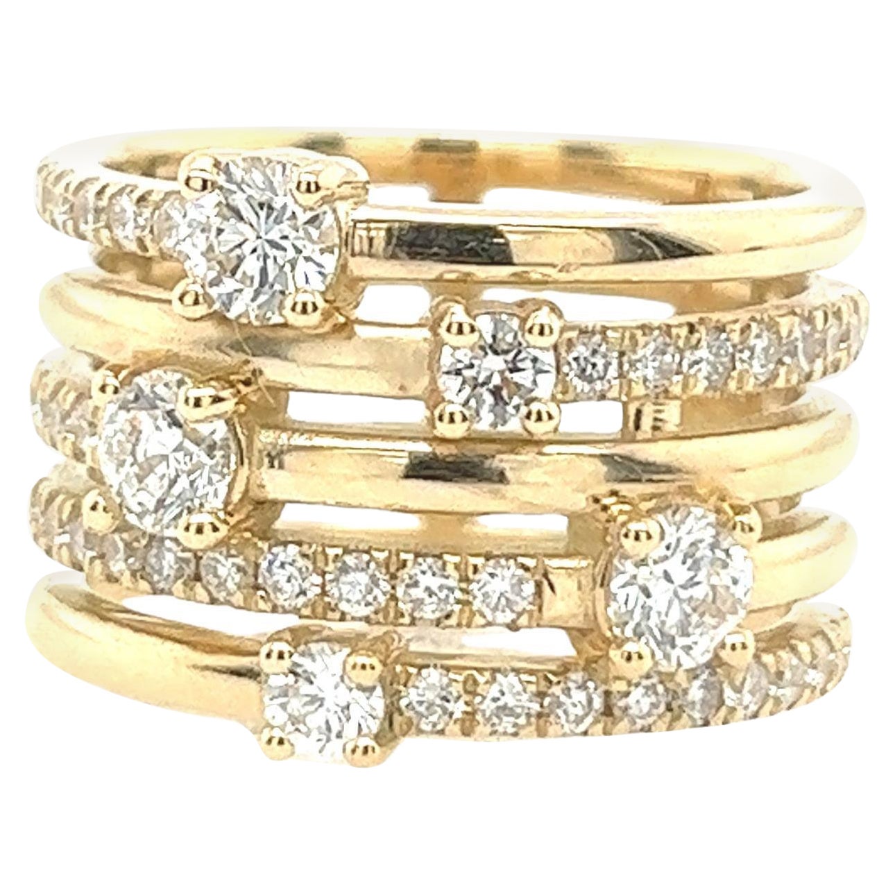 1.20ct Round Brilliant Cut 5 Row 14ct Yellow Gold Ring For Sale