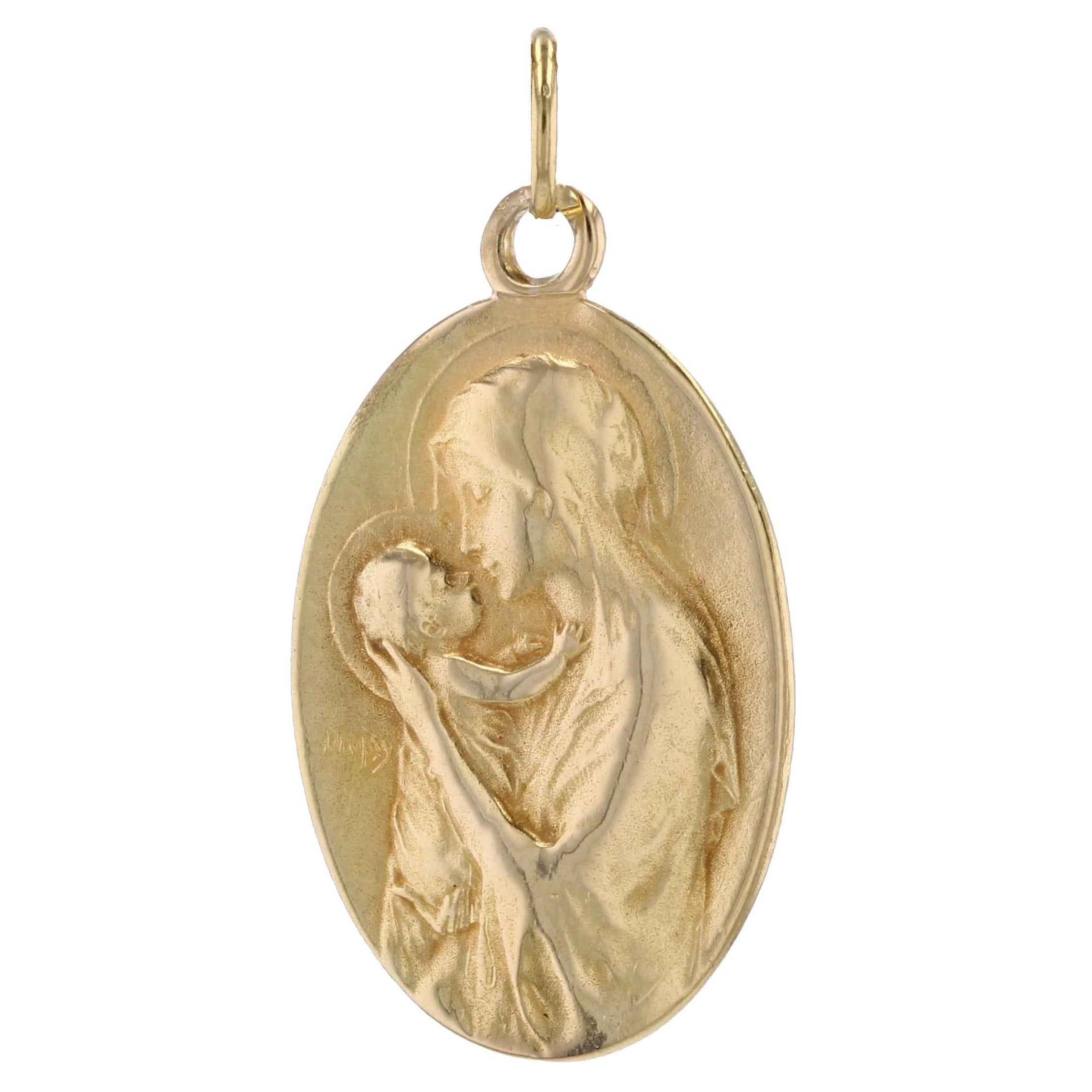 20th Century 18 Karat Yellow Gold Virgin and Child Signed Dropsy Medal Pendant
