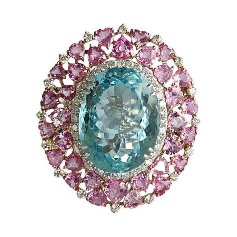 Set in 18K Gold, 19.58 carats, Aquamarine, Pink Sapphire & Diamond Cocktail Ring For Sale