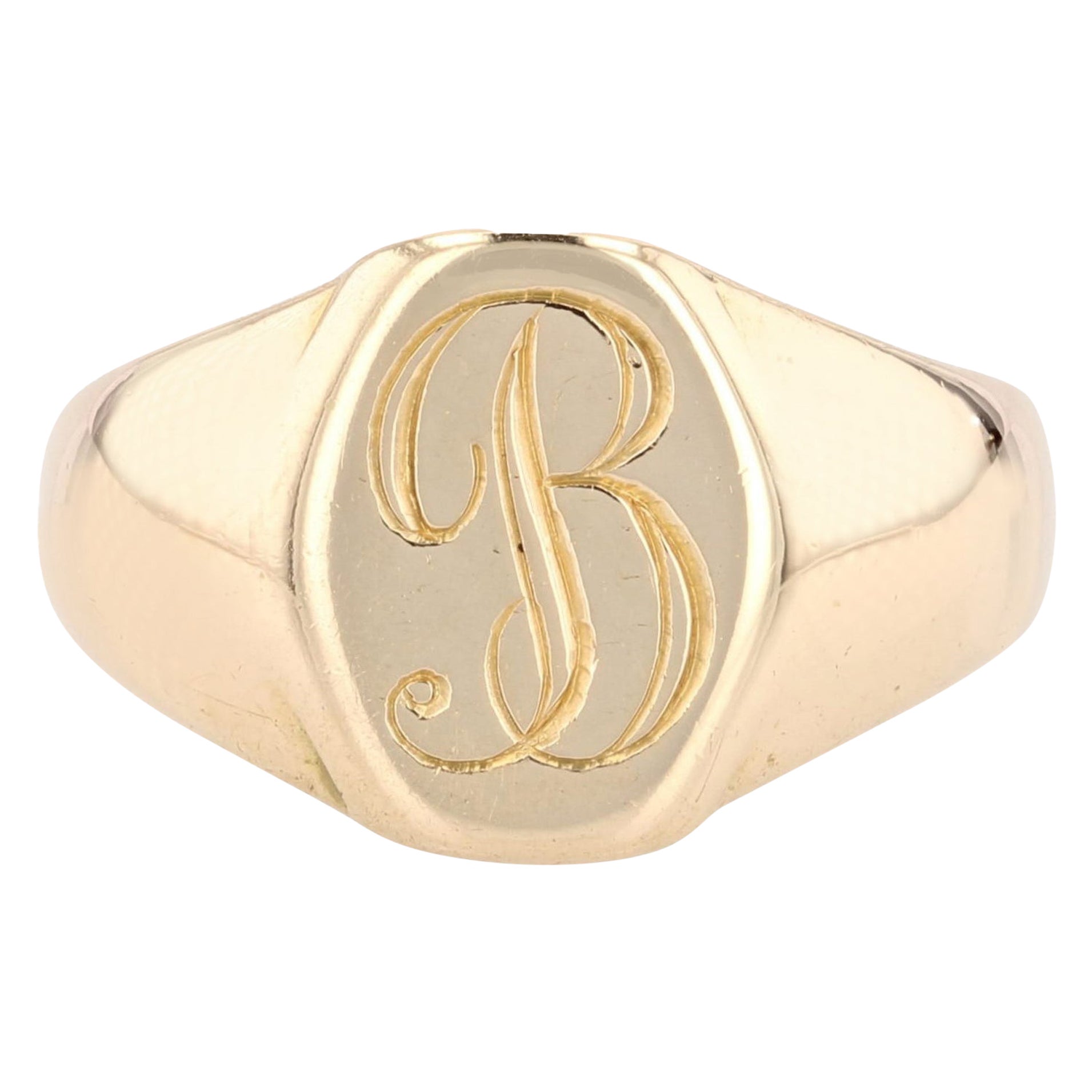 French Modern B Letter 18 Karat Yellow Gold Signet Ring