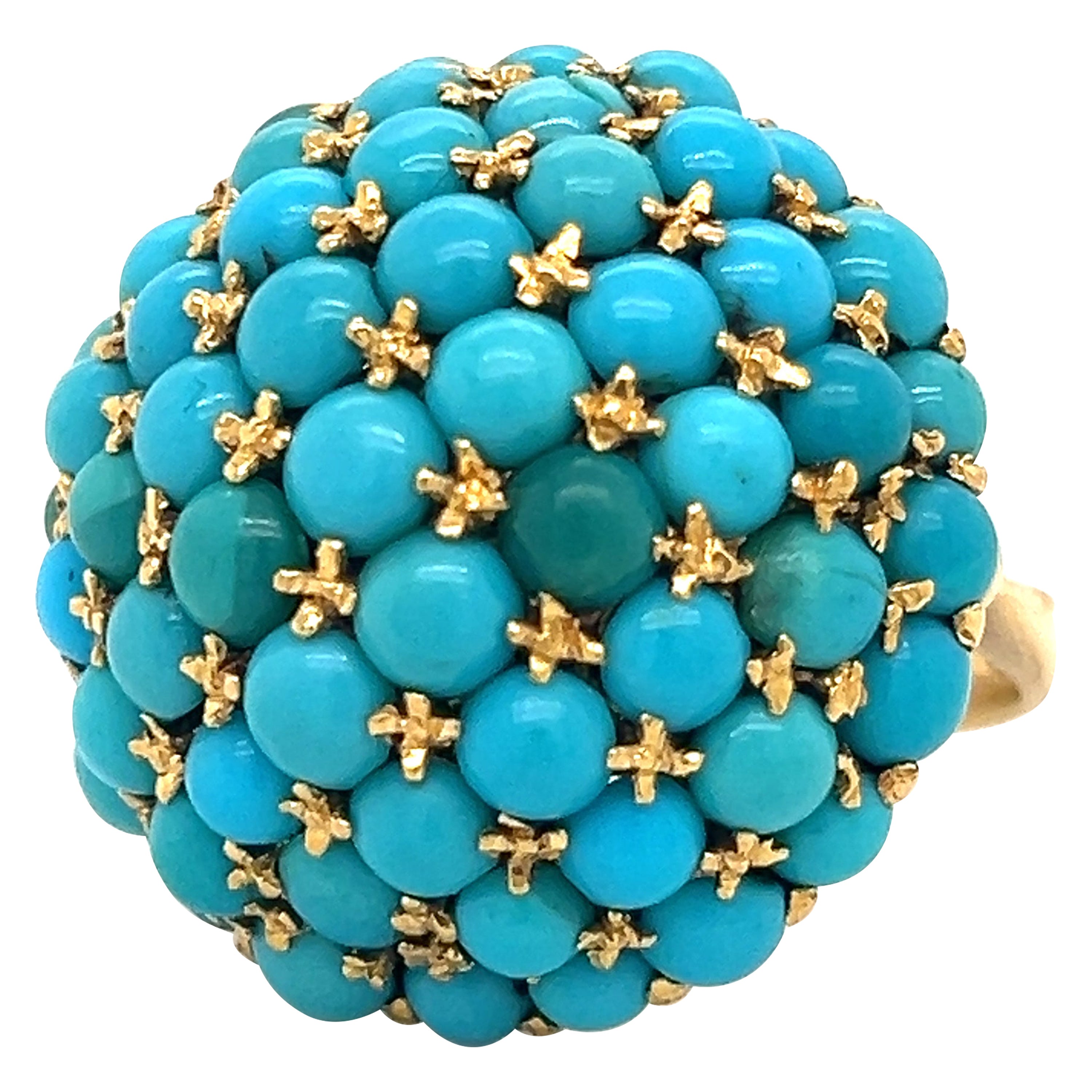 Bague cocktail bombée victorienne en or jaune 18 carats avec turquoises et pierres précieuses  en vente