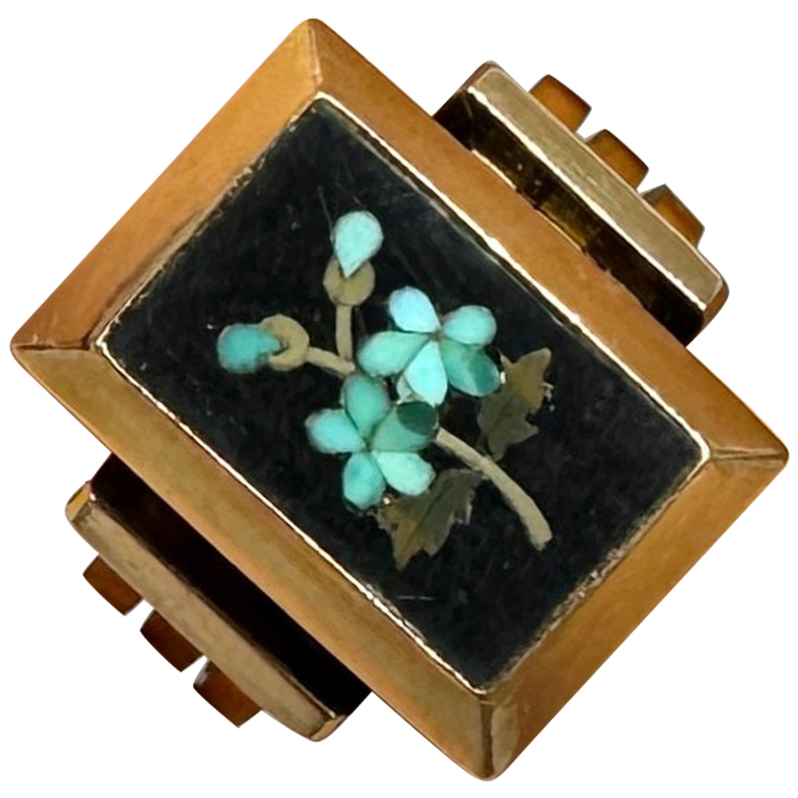 Turquoise Pietra Dura Flower Forget Me Not Ring 14 Karat Gold Antique Victorian  For Sale