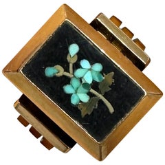 Türkis Pietra Dura Blume Forget Me Not Ring 14 Karat Gold Antiker viktorianischer Türkis