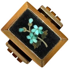 Turquoise Pietra Dura Flower Forget Me Not Ring 14 Karat Gold Antique Victorian 