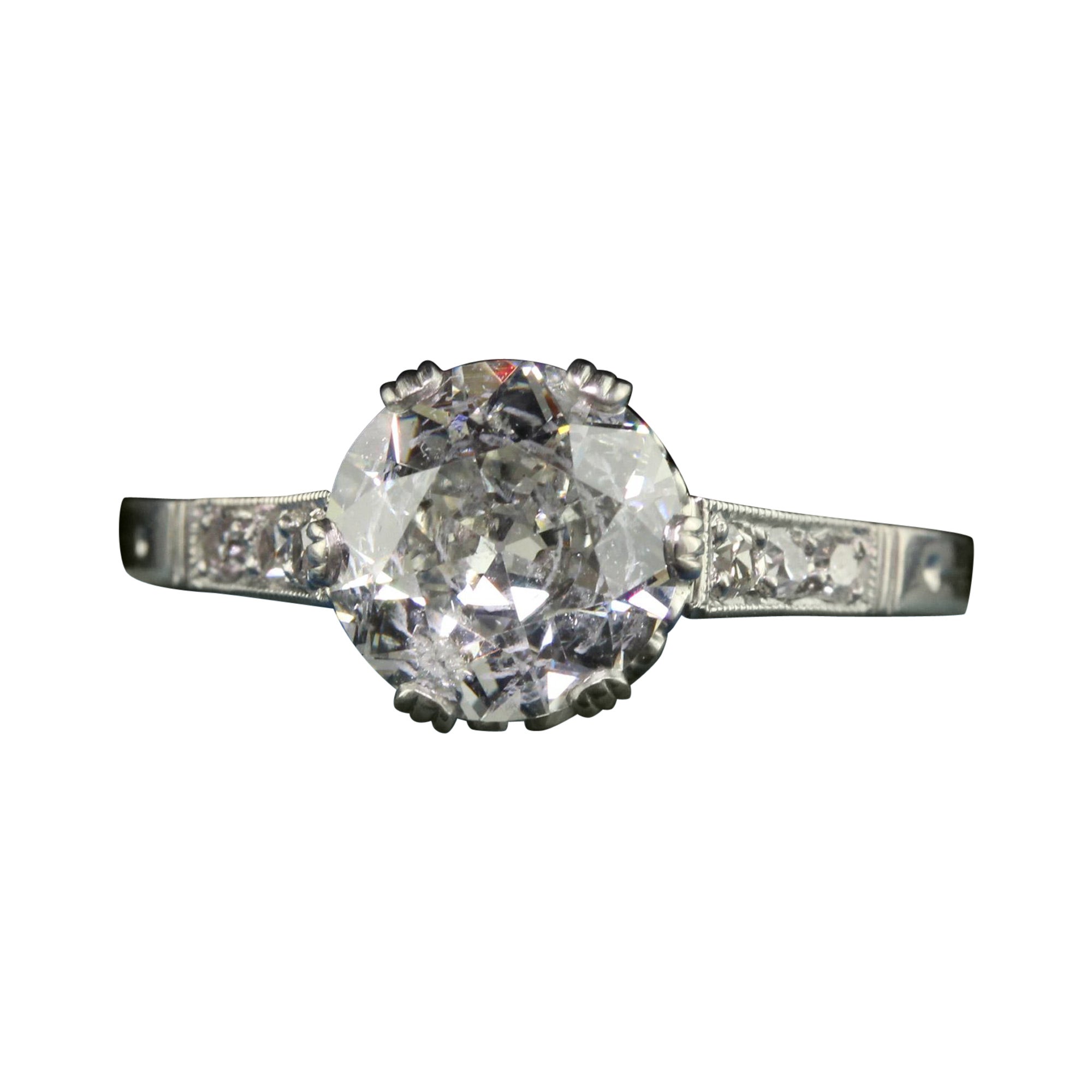 Antique Art Deco Platinum Old European Cut Diamond Engagement Ring - GIA For Sale
