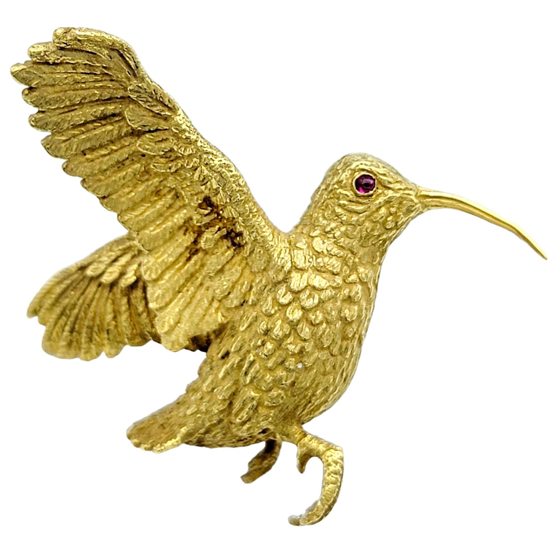 Vintage Crossroads of Sport Hummingbird Brooch with Ruby Eye in 18 Karat Gold  For Sale