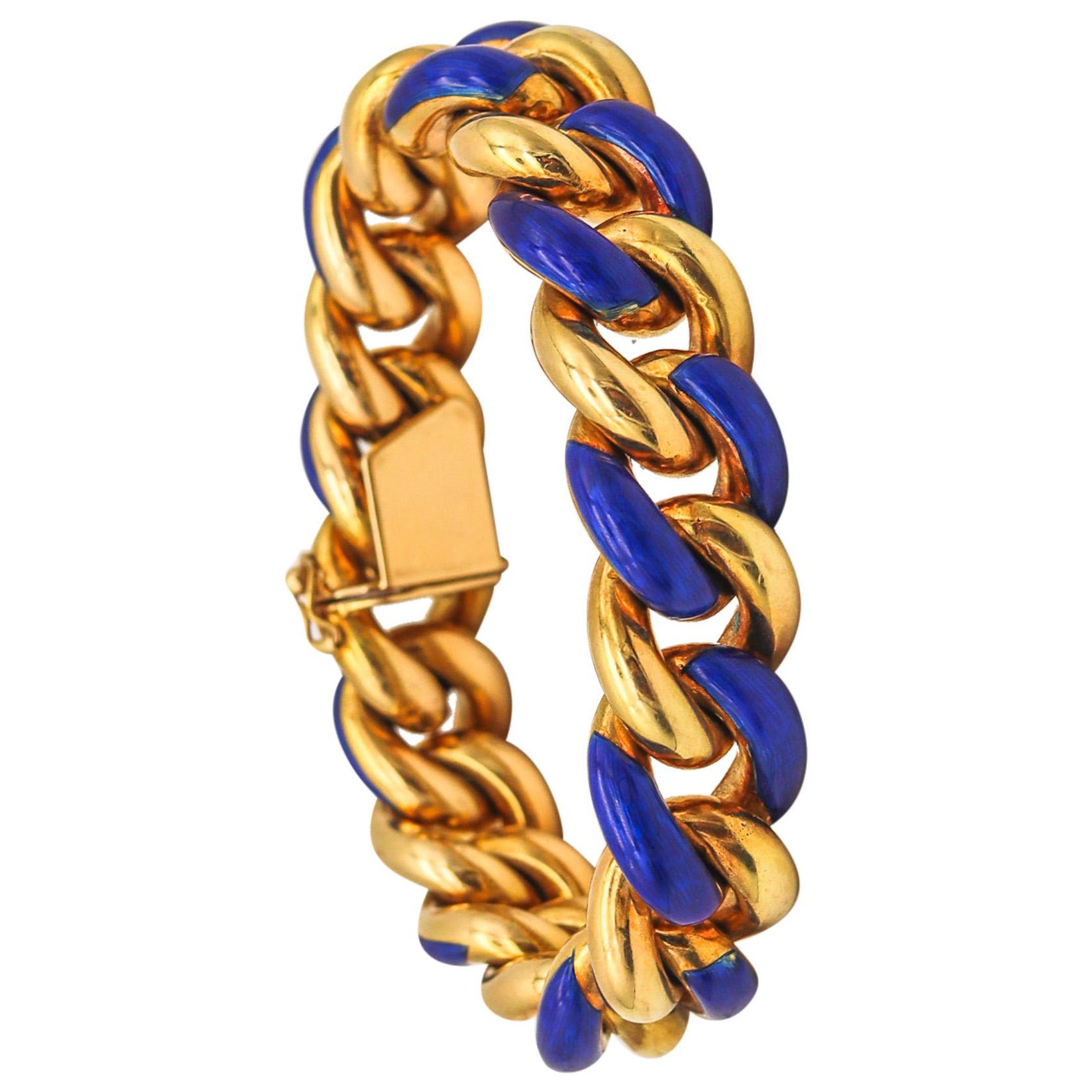 Gay Freres 1970 Paris Blau emailliertes Gliederarmband aus massivem 18 Karat Gelbgold im Angebot