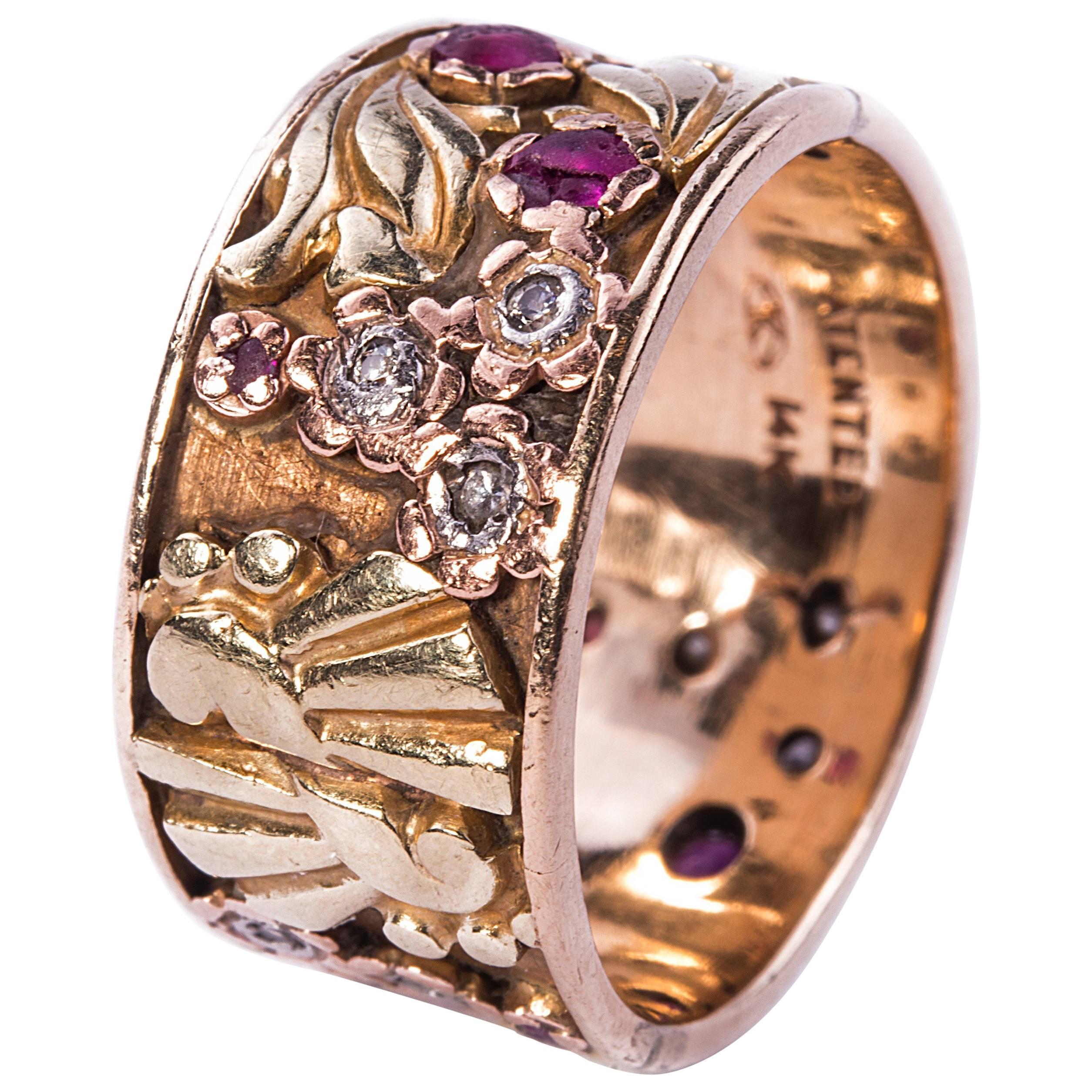 Ruby Diamond Rose Gold Band Ring For Sale