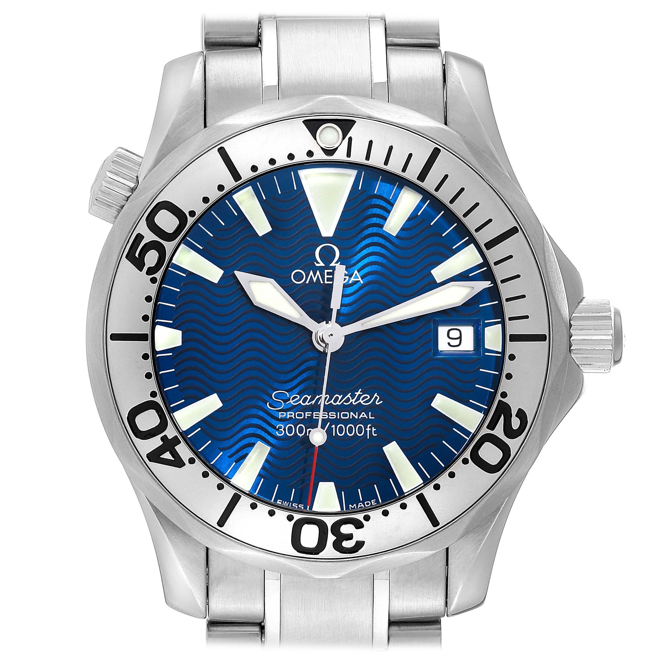 Omega Seamaster Electric Blue Wave Dial Midsize Steel Mens Watch 2263.80.00