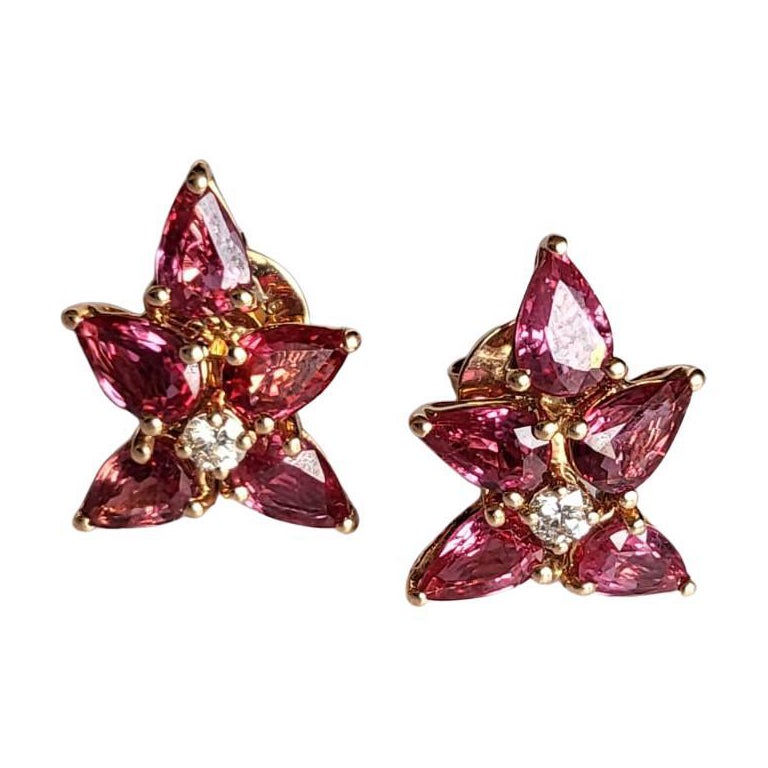 Set in 18k Rose Gold, 4 Carats, Natural Mozambique Ruby & Diamonds Stud Earrings For Sale