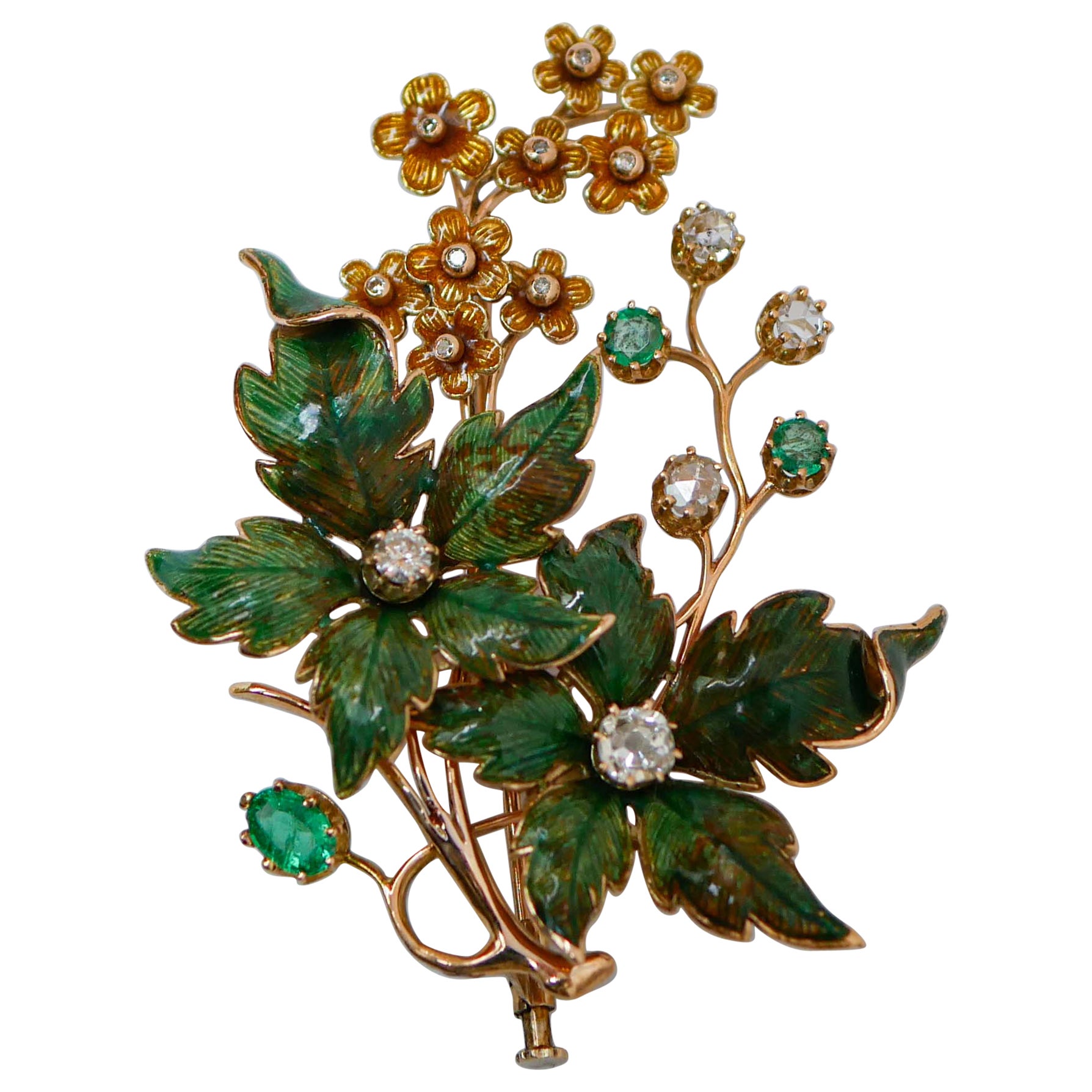Emeralds, Diamonds, Enamel, 14 Karat Rose Gold Brooch. For Sale