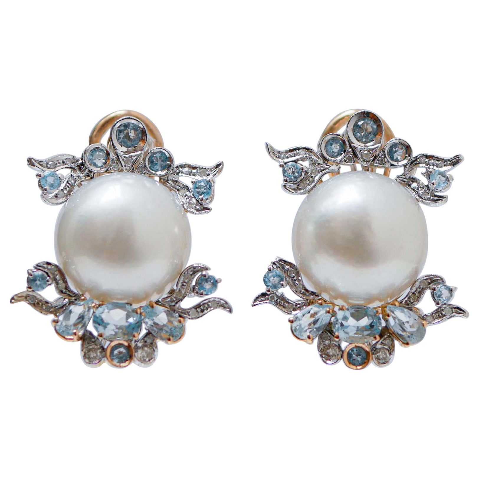 South-Sea Pearls, Diamonds, Aquamarine Colour Topazs, 14 Karat Gold Earrings. For Sale