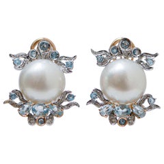 South-Sea Pearls, Diamonds, Aquamarine Colour Topazs, 14 Karat Gold Earrings.