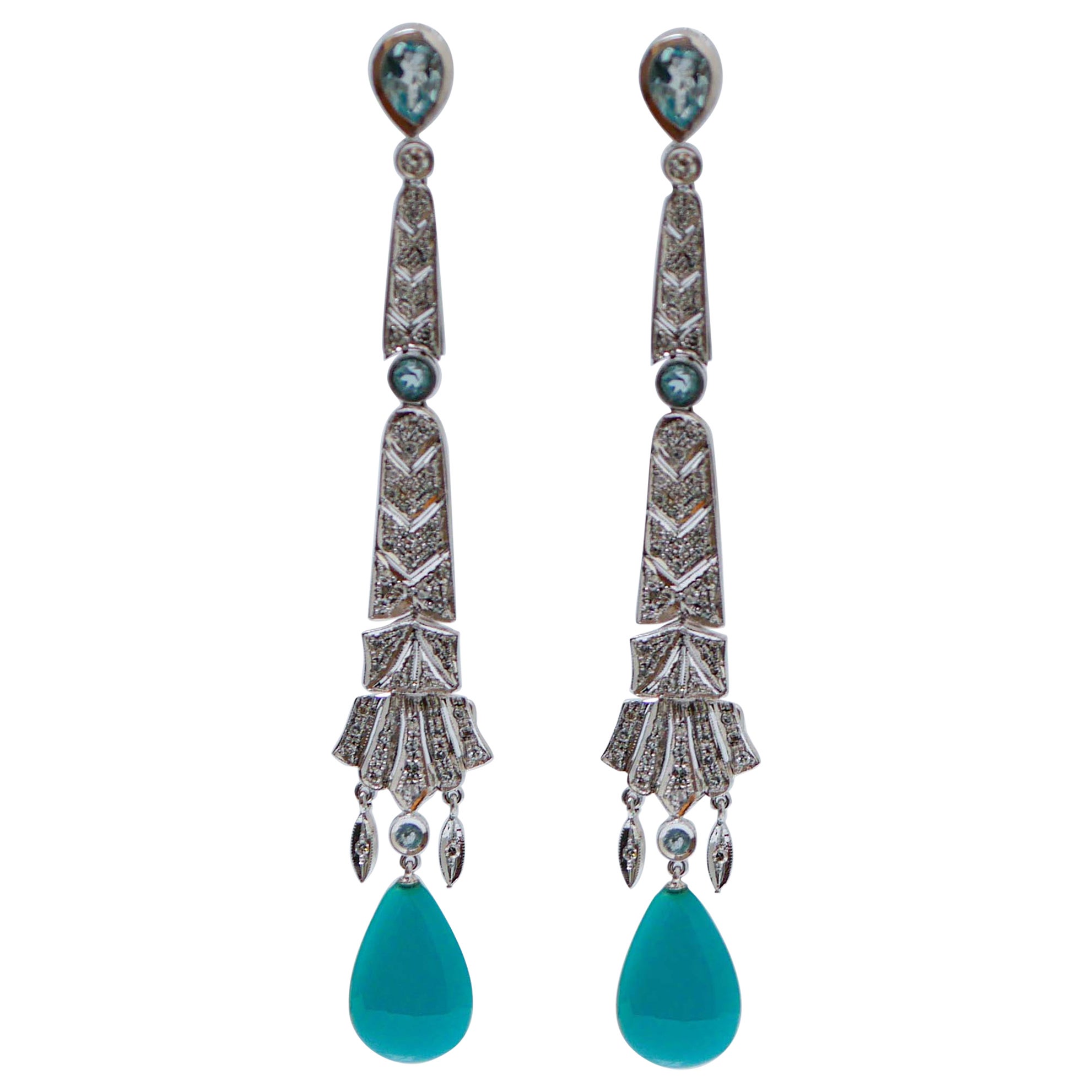 Aquamarine Colour Topazs, Turquoise, Diamonds, Platinum Dangle Earrings. For Sale