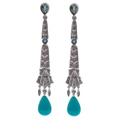 Retro Aquamarine Colour Topazs, Turquoise, Diamonds, Platinum Dangle Earrings.