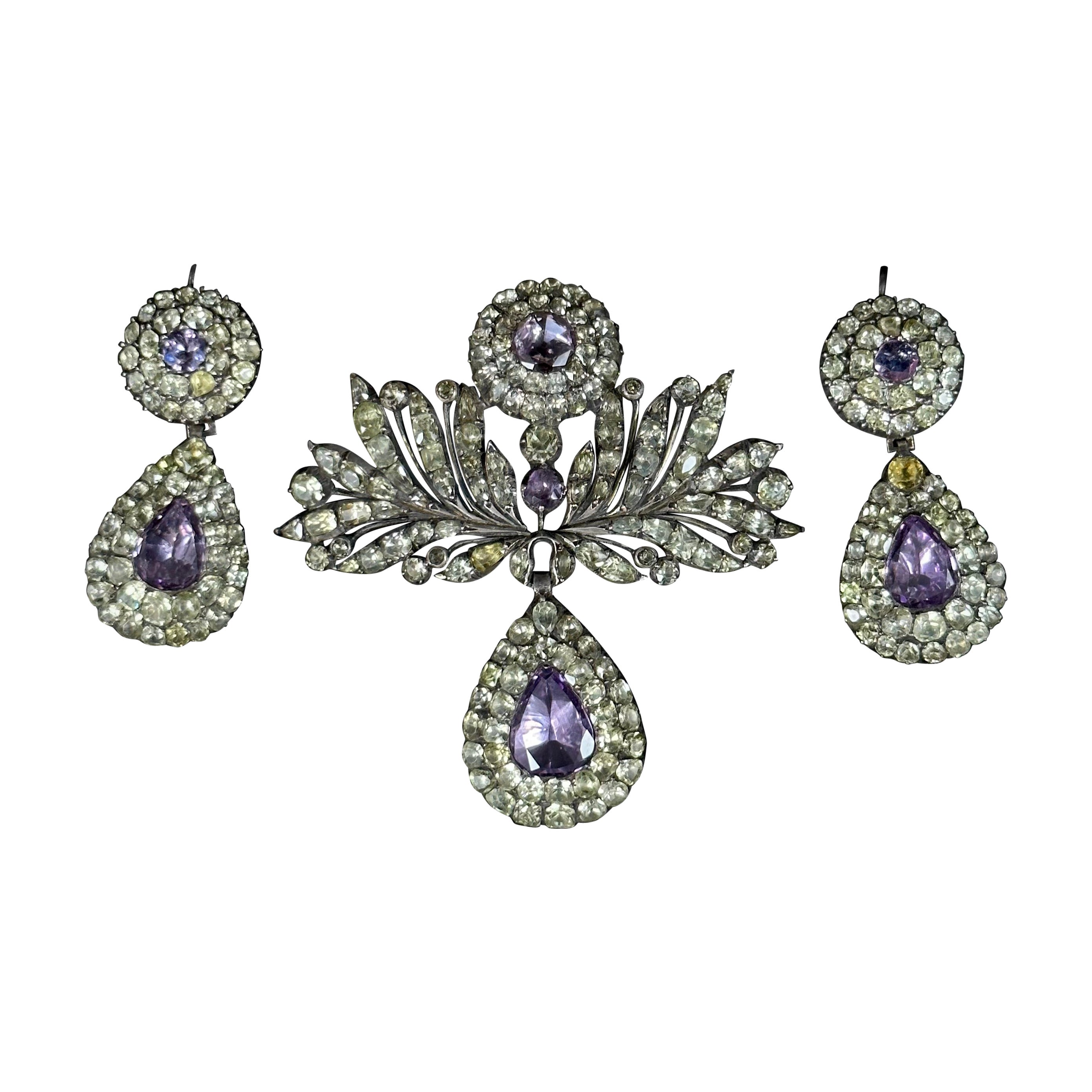 Antike Chrysolit Chrysoberyll Amethyst Brosche Ohrringe Silber Set Portugiesisch