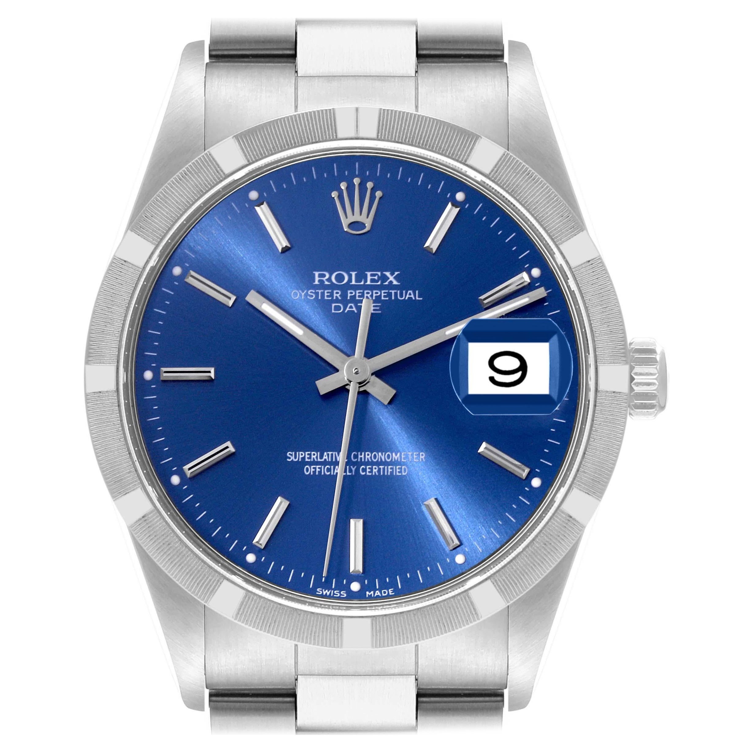 Rolex Date Blue Dial Engine Turned Bezel Steel Mens Watch 15210 Box Papers For Sale