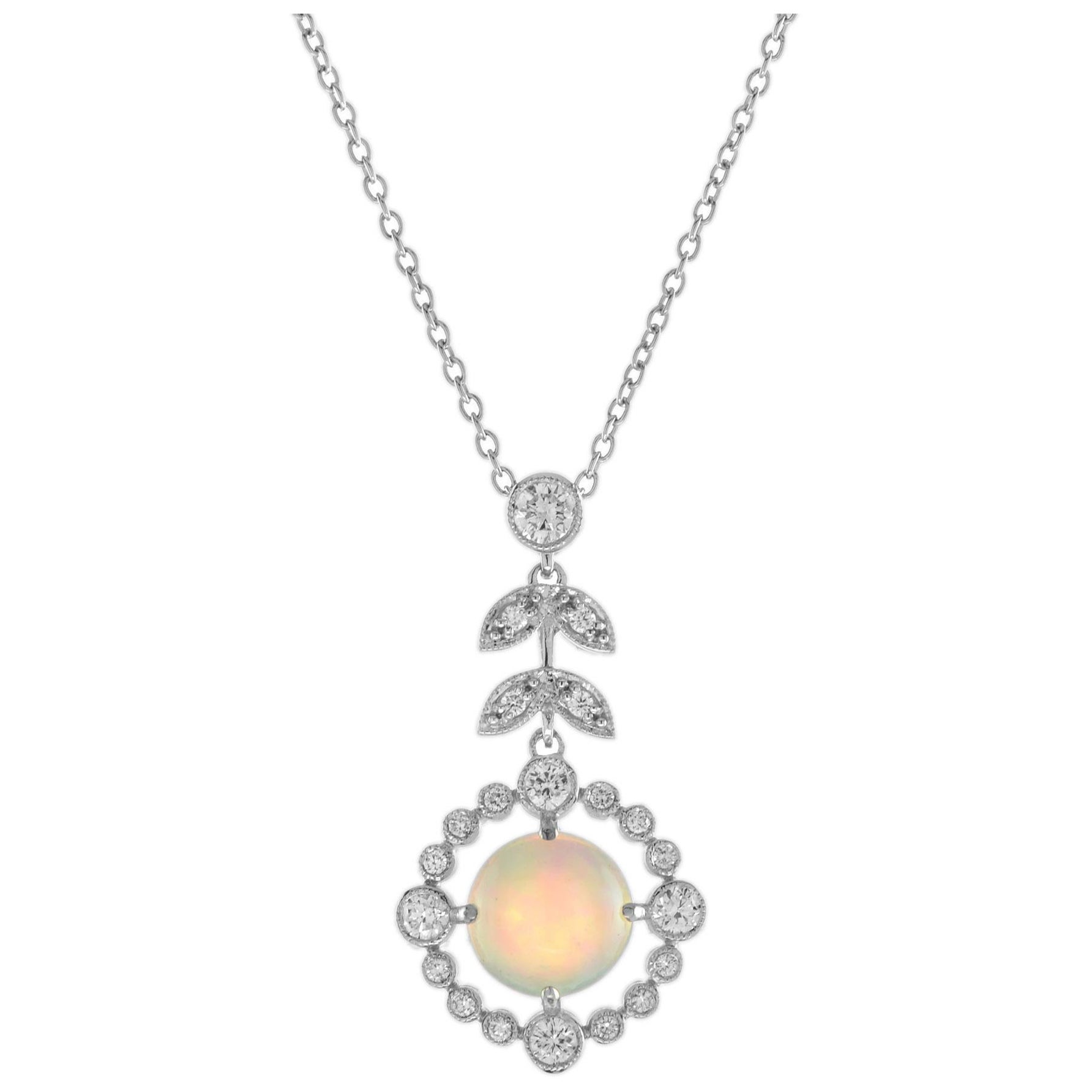 Ethiopian Opal and Diamond Vintage Style Necklace in 18K White Gold For Sale
