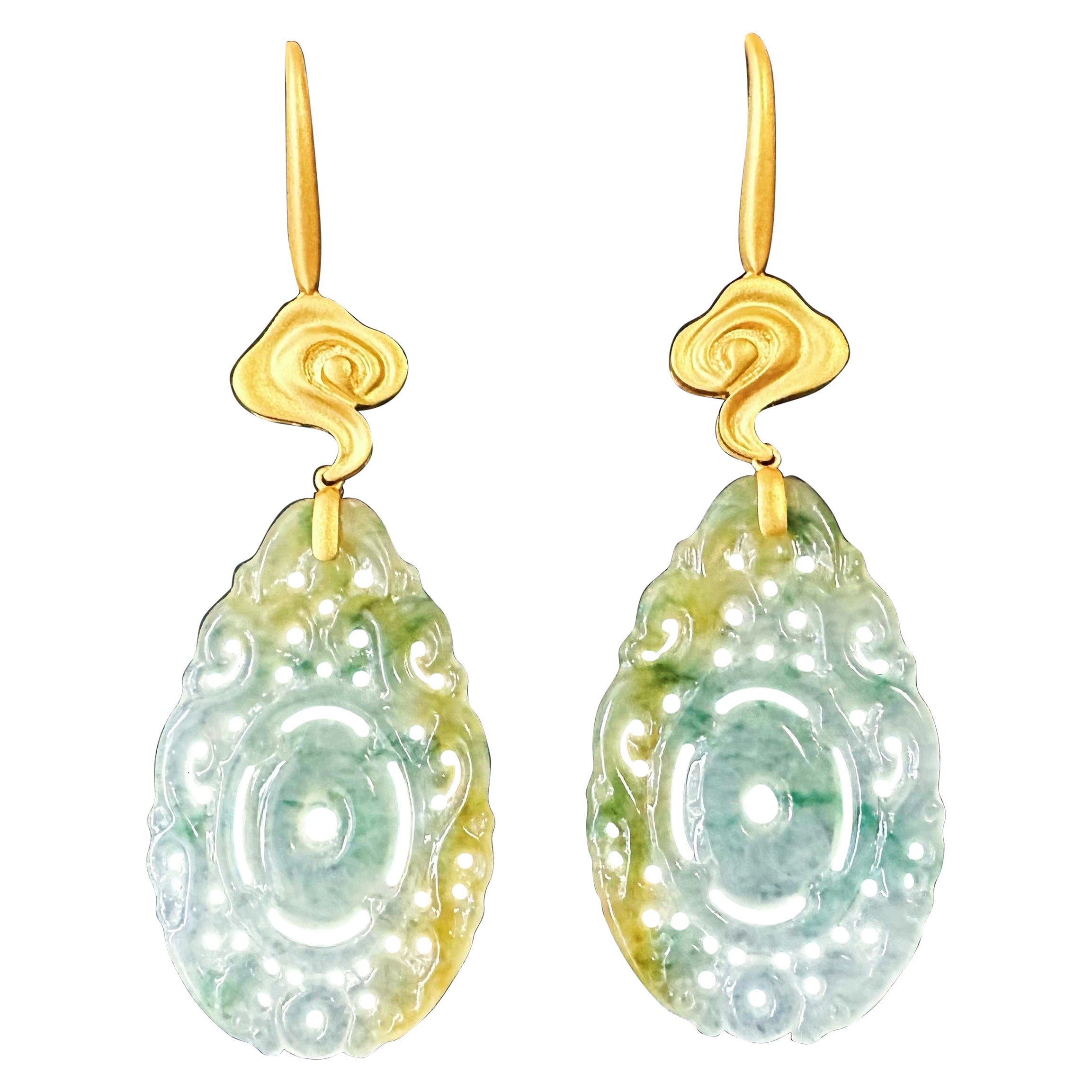Natural Myanmar Handcrafted Icy Type Bicolor Green and Yellow Jade Earrings For Sale